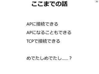 ここまでの話
APに接続できる
APになることもできる
TCPで接続できる
めでたしめでたし……？
36
 