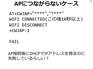 APにつながらないケース
AP接続後にDHCPでIPアドレスを得るのに
失敗しているらしい？
37
AT+CWJAP=“****”,“****”
WIFI CONNECTED(この後10秒以上)
WIFI DISCONNECT
+CWJAP:1
FAIL
 