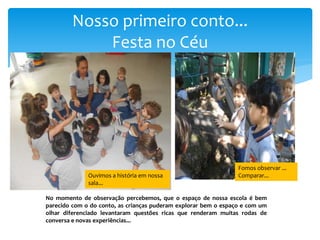 Nosso primeiro conto...
Festa no Céu
Ouvimos a história em nossa
sala...
Fomos observar ...
Comparar...
No momento de observação percebemos, que o espaço de nossa escola é bem
parecido com o do conto, as crianças puderam explorar bem o espaço e com um
olhar diferenciado levantaram questões ricas que renderam muitas rodas de
conversa e novas experiências...
 