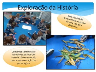 Exploração da História
Contamos sem mostrar
ilustrações, usando um
material não estruturado
para a representação dos
personagens
 