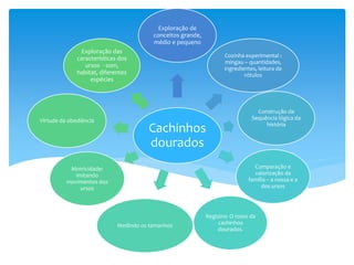 Cachinhos
dourados
Exploração de
conceitos grande,
médio e pequeno
Cozinha experimental :
mingau – quantidades,
ingredientes, leitura de
rótulos
Construção da
Sequência lógica da
história
Comparação e
valorização da
família – a nossa e a
dos ursos
Registro: O rosto da
cachinhos
dourados.
Medindo os tamanhos
Motricidade:
imitando
movimentos dos
ursos
Virtude da obediência
Exploração das
características dos
ursos - som,
habitat, diferentes
espécies
 