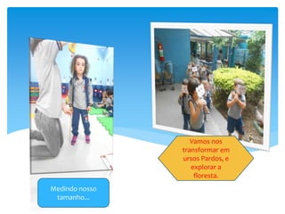 Medindo nosso
tamanho...
Vamos nos
transformar em
ursos Pardos, e
explorar a
floresta.
 