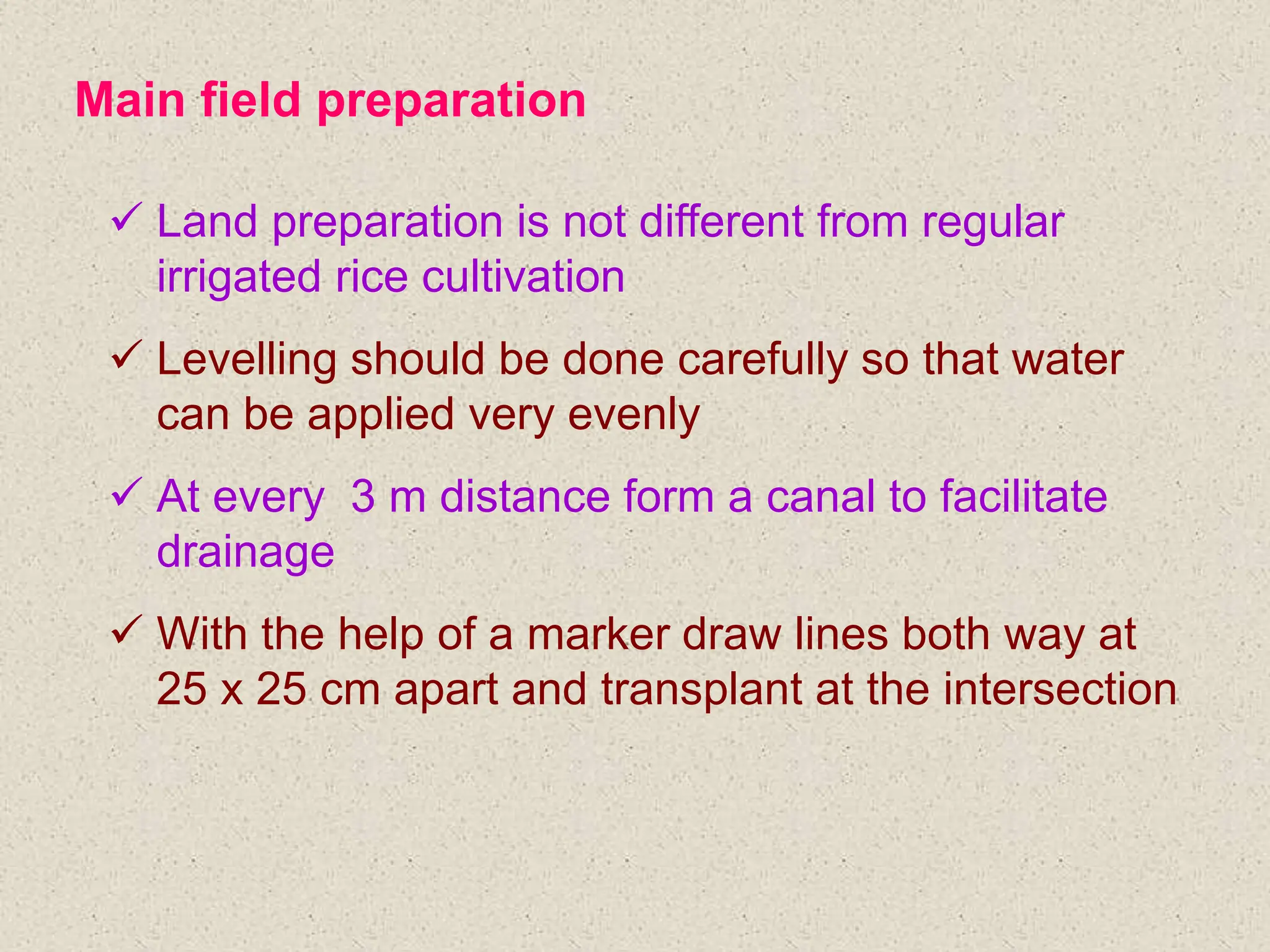 Main field preparation
 Land preparation is not different from regular
irrigated rice cultivation
 Levelling should be done carefully so that water
can be applied very evenly
 At every 3 m distance form a canal to facilitate
drainage
 With the help of a marker draw lines both way at
25 x 25 cm apart and transplant at the intersection
 