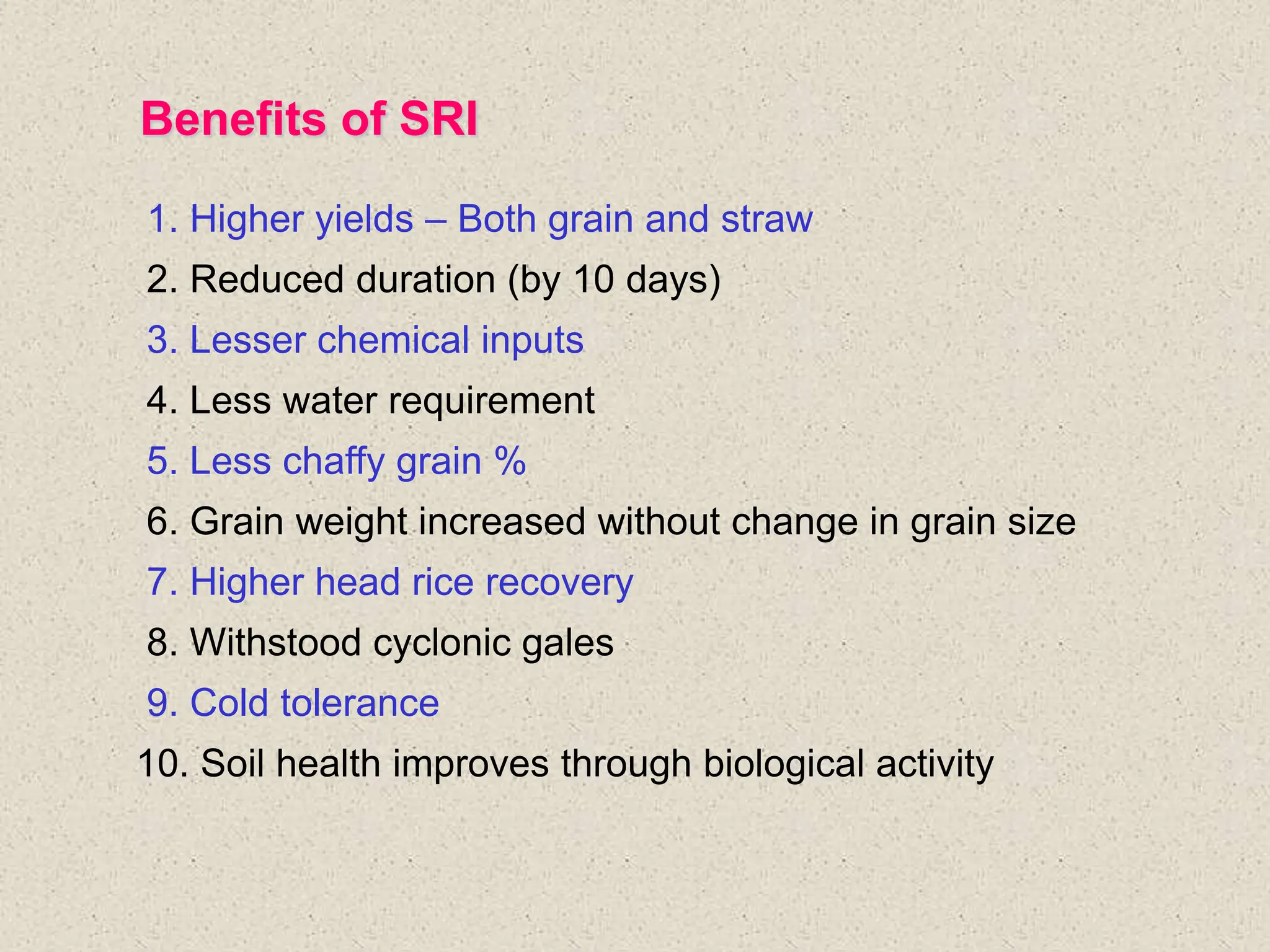 Benefits of SRI
1. Higher yields – Both grain and straw
2. Reduced duration (by 10 days)
3. Lesser chemical inputs
4. Less water requirement
5. Less chaffy grain %
6. Grain weight increased without change in grain size
7. Higher head rice recovery
8. Withstood cyclonic gales
9. Cold tolerance
10. Soil health improves through biological activity
 
