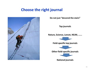 11
Choose the right journal
Do not just “descend the stairs”
Top journals
Nature, Science, Lancet, NEJM, ......
Field-specific top journals
Other field-specific journals
National journals
 