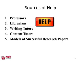 39
Sources of Help
1. Professors
2. Librarians
3. Writing Tutors
4. Content Tutors
5. Models of Successful Research Papers
 