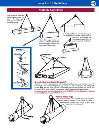 Some Useful Guidelines

                                           Multiple Leg Slings
Use additional single leg
slings to wrap around the
load.    If   they   get
damaged they are less
costly to replace.




                                                                                  If you lift an off-center load the sling leg can
                                                                                  be fitted with a turnbuckle to level the load.
                                                                                                   Instead of a turnbuckle you
                                                                                                   may use a come-along but be
                                            When lifting pipes make sure
                                                                                                   sure the capacity fits the job.
                                            you do it with the right hooks.
                                            Point loading the hook tips only
                                            may result in bent hooks.


            DO NOT ....

         sideload...




                       backload...




        or pointload                 Are all sling legs loaded equally?
                                     The load in 3- and 4-leg slings may only be supported by 2 legs while the others are only
                                     balancing the load. Unequal length sling legs may be one reason, off-center or buckling loads
                                     another. YOU, the user, must evaluate each lift taking into consideration the type of load, and
                                     the type of sling. Same capacity sling legs will stretch unequally if loaded unequally.
                                     All wire rope sling capacity tables (e.g. in ASTM B30.9 and Wire Rope Users Manual)
                                     consider ALL legs sharing EQUAL loads.

                                                                      Secure those legs
                                                                       They can get stuck under another piece of equipment
                                                                         causing severe overload of the crane or hoist, or
                                                                           someone may trip over them. Do not lift when loose
                                                                                    equipment is not secured.
 