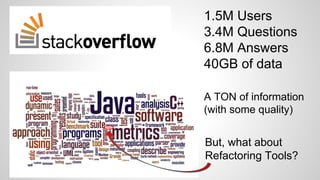 1.5M Users
3.4M Questions
6.8M Answers
40GB of data
A TON of information
(with some quality)

But, what about
Refactoring ...