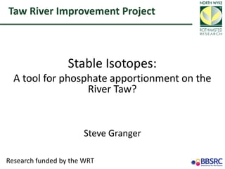 Stable Isotopes:
A tool for phosphate apportionment on the
River Taw?
Steve Granger
Taw River Improvement Project
Research funded by the WRT
 