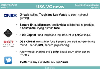 Analy&cs	
  Venture	
  Capital	
  
CMF	
  MSU	
  
WEEKLY	
  REPORT	
  
Team	
  2	
   USA	
  VC	
  news	
  
1.	
  Sources:	
  
•  Onex is selling Tropicana Las Vegas to penn national
gaming
•  Square Enix, Microsoft, and Nvidia collaborate to produce
a believable crying human face
•  Flint Capital Fund increased the amount to $100M in US
•  DST Global Yuri Milner fund became the lead investor in the
round E for $150M, service p2p-lending
•  Anonymous-sharing site Secret shuts down after just 16
months
•  Twitter to pay $533M to buy TellApart
 