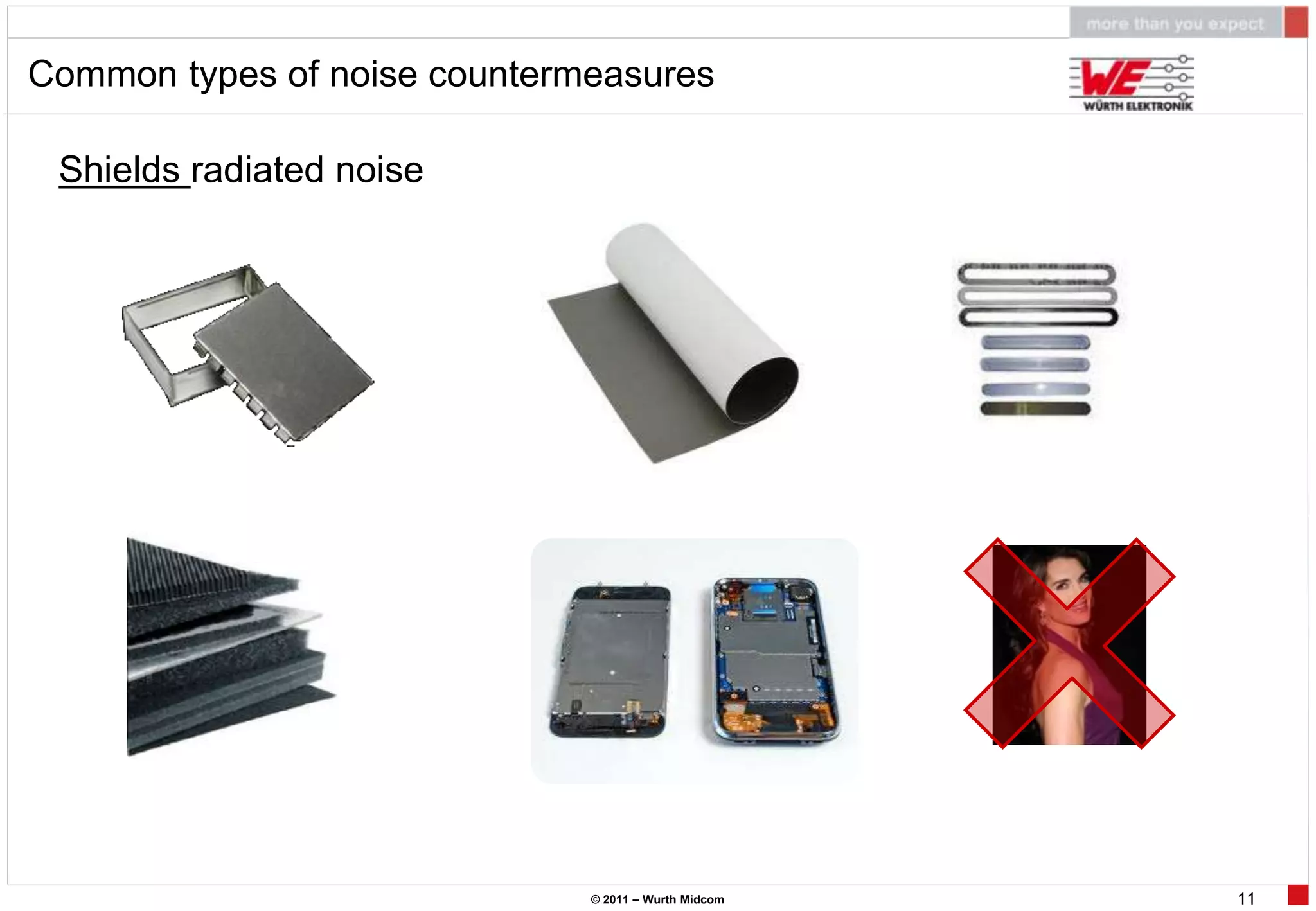 Common types of noise countermeasures

 Shields radiated noise




                              © 2011 – Wurth Midcom   11
 