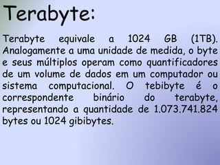 Terabyte:
Terabyte equivale a 1024 GB (1TB).
Analogamente a uma unidade de medida, o byte
e seus múltiplos operam como quantificadores
de um volume de dados em um computador ou
sistema computacional. O tebibyte é o
correspondente binário do terabyte,
representando a quantidade de 1.073.741.824
bytes ou 1024 gibibytes.
 