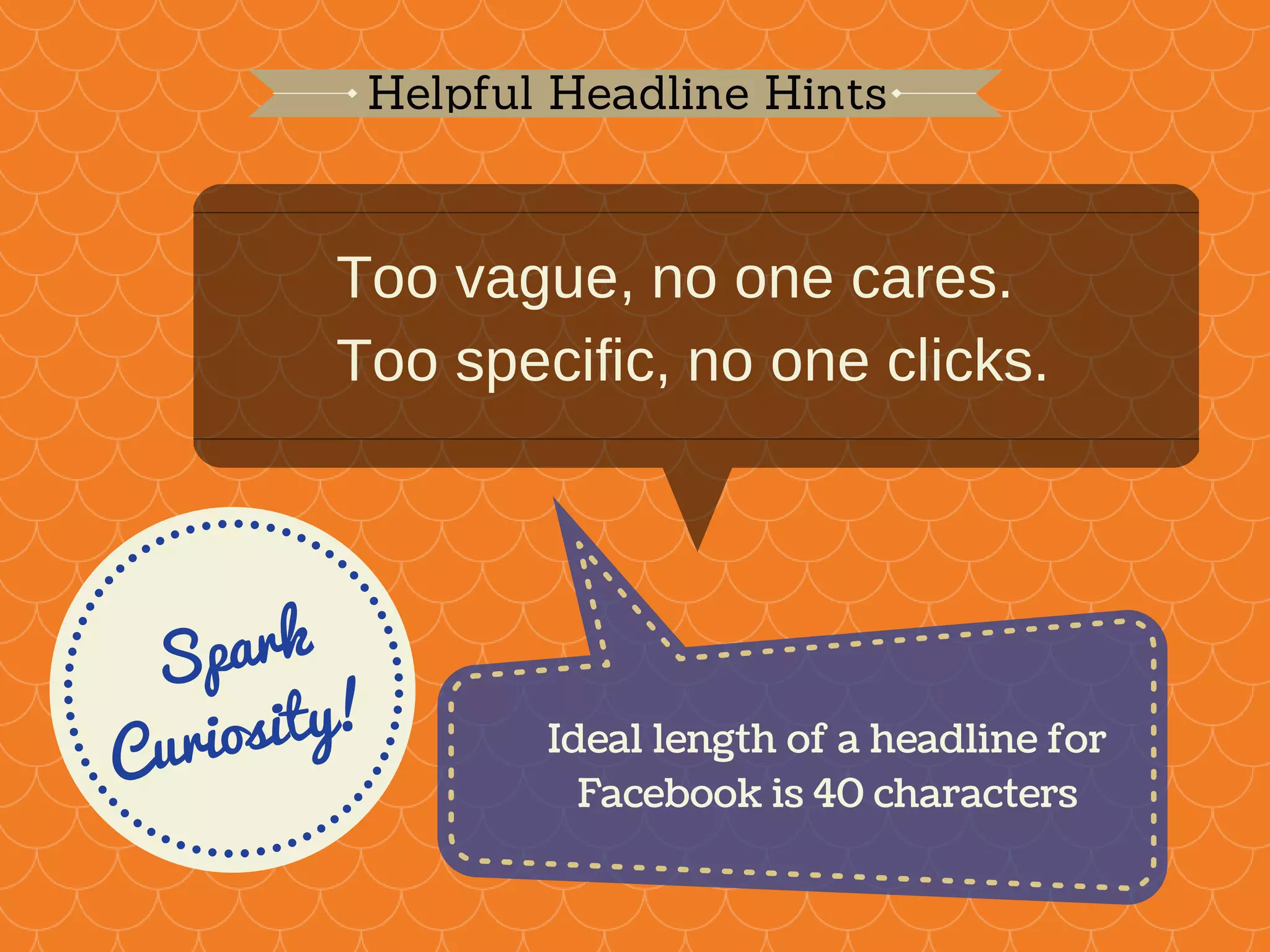 Too vague, no one cares.
Too specific, no one clicks.
Spark
Curiosity!  Ideal length of a headline for
Facebook is 40 characters
Helpful Headline Hints
 