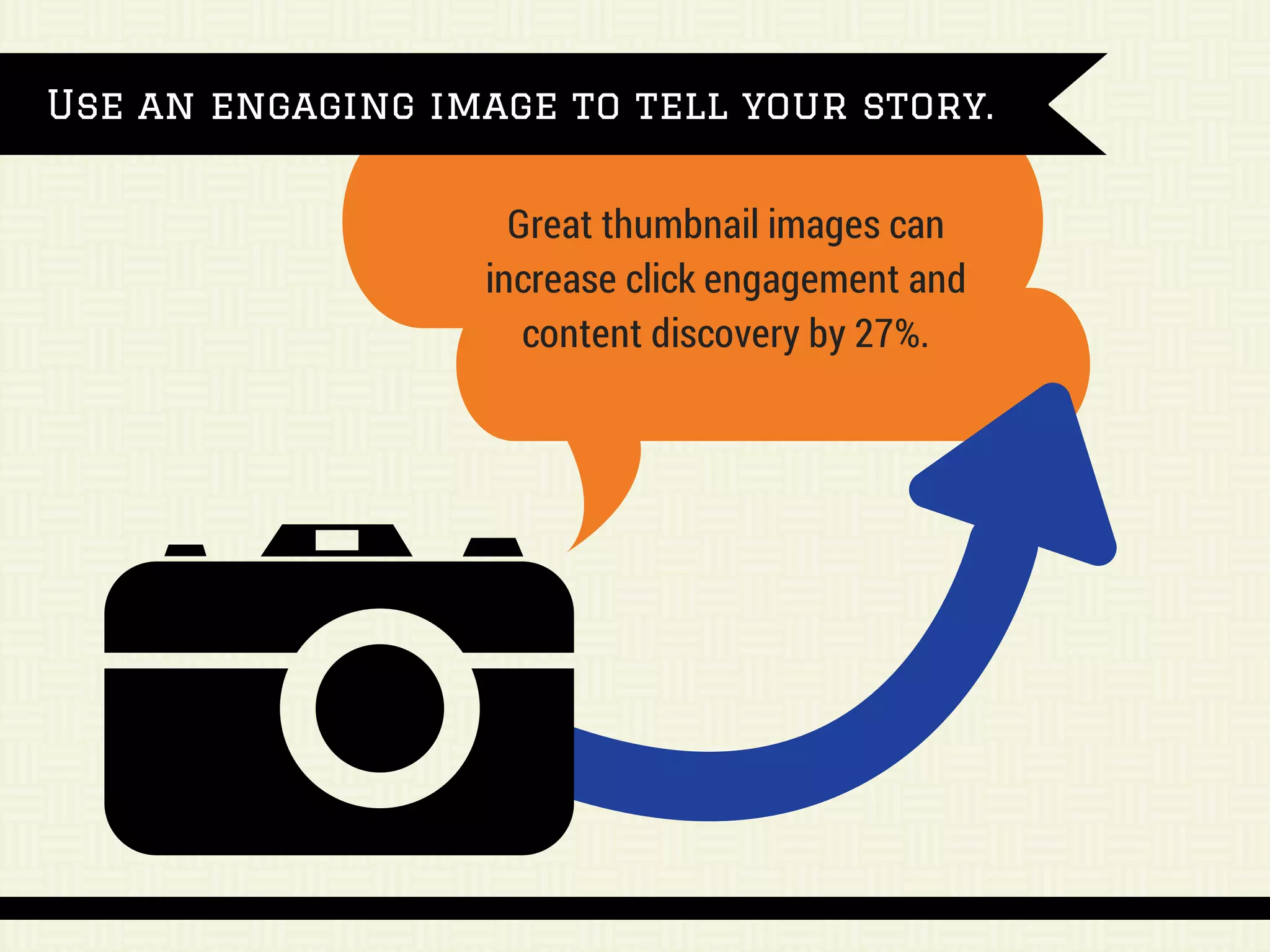 Use an engaging image to tell your story.
Great thumbnail images can
increase click engagement and
content discovery by 27%.
 