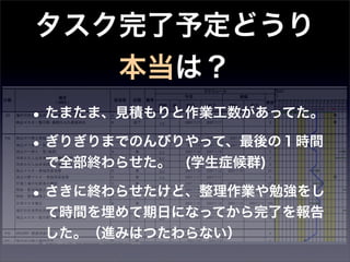タスク完了予定どうり
   本当は？
• たまたま、見積もりと作業工数があってた。
• ぎりぎりまでのんびりやって、最後の１時間
 で全部終わらせた。 (学生症候群)

• さきに終わらせたけど、整理作業や勉強をし
 て時間を埋めて期日になってから完了を報告
 した。（進みはつたわらない）
 