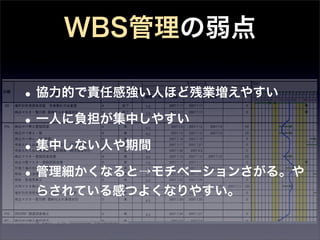 WBS管理の弱点

• 協力的で責任感強い人ほど残業増えやすい
• 一人に負担が集中しやすい
• 集中しない人や期間
• 管理細かくなると→モチベーションさがる。や
 らされている感つよくなりやすい。
 