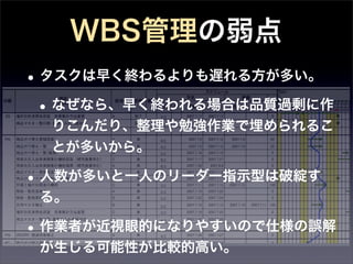 WBS管理の弱点
• タスクは早く終わるよりも遅れる方が多い。 
 • なぜなら、早く終われる場合は品質過剰に作
  りこんだり、整理や勉強作業で埋められるこ
  とが多いから。

• 人数が多いと一人のリーダー指示型は破綻す
 る。

• 作業者が近視眼的になりやすいので仕様の誤解
 が生じる可能性が比較的高い。
 