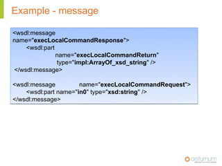 Example - message

<wsdl:message
name="execLocalCommandResponse">
     <wsdl:part
                name="execLocalCommandRe...
