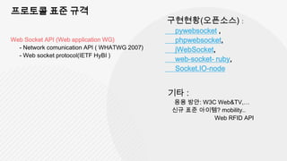 구현현황(오픈소스) :
                                       pywebsocket ,
Web Socket API (Web application WG)    phpwebsocket,
                                       jWebSocket,
                                       web-socket- ruby,
                                       Socket.IO-node


                                      기타 :
                                      응용 방안: W3C Web&TV,…
                                      신규 표준 아이템? mobility..
                                                Web RFID API
 