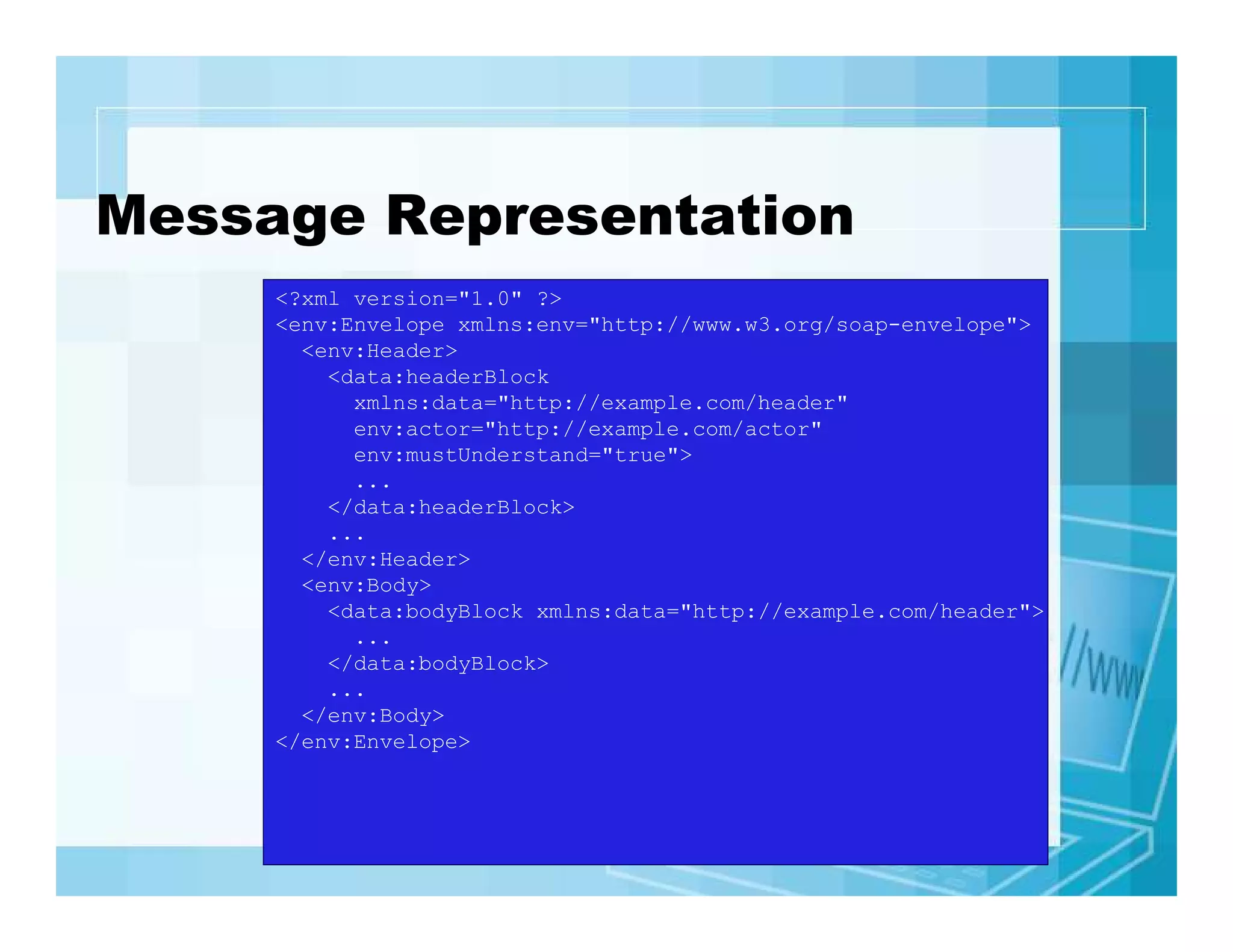 Message Representation
<?xml version="1.0" ?>
<env:Envelope xmlns:env="http://www.w3.org/soap-envelope">
<env:Header>
<data:headerBlock
xmlns:data="http://example.com/header"
env:actor="http://example.com/actor"
env:mustUnderstand="true">
...
</data:headerBlock>
...
</env:Header>
<env:Body>
<data:bodyBlock xmlns:data="http://example.com/header">
...
</data:bodyBlock>
...
</env:Body>
</env:Envelope>

2002.2.4

13

 
