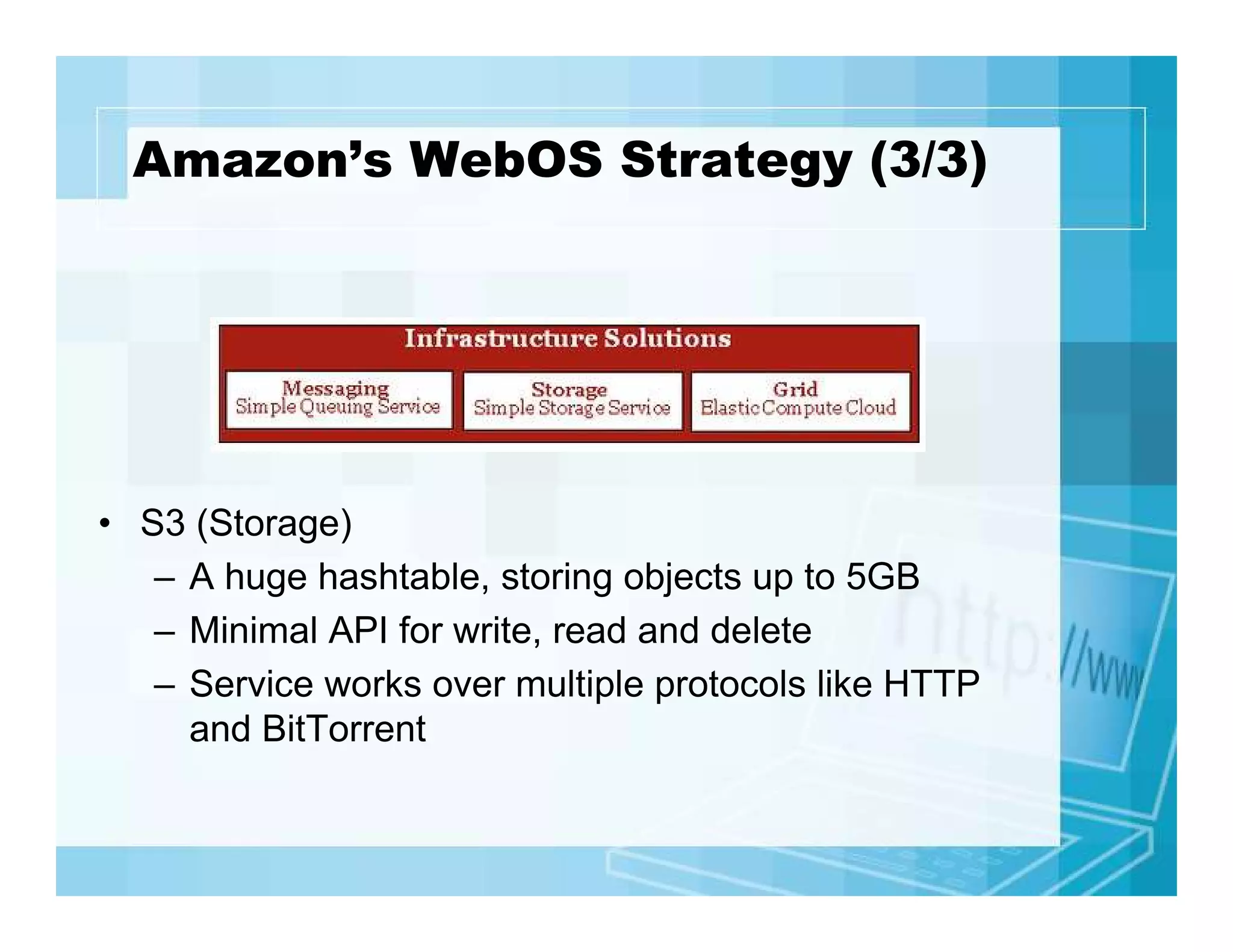 Amazon’s WebOS Strategy (3/3)

• S3 (Storage)
– A huge hashtable, storing objects up to 5GB
– Minimal API for write, read and delete
– Service works over multiple protocols like HTTP
and BitTorrent

 