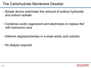 The Carbohydrate Membrane Desalter 
• Simple device automates the removal of sodium hydroxide 
and sodium acetate 
• Combines acidic regenerant and electrolysis to replace Na+ 
with hydronium ions 
• Delivers oligosaccharides in a weak acetic acid solution 
• No dialysis required 
42 
 