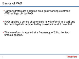 Basics of PAD 
6 
• Carbohydrates are detected on a gold working electrode 
(WE) at high pH by PAD. 
• PAD applies a series of potentials (a waveform) to a WE and 
the carbohydrate is detected by its oxidation at 1 potential. 
• The waveform is applied at a frequency of 2 Hz, i.e. two 
times a second. 
 