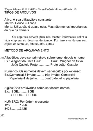 Wagner Selleto – 91 8851-4813 – Cursos Profissionalizantes Gênesis Life
   TIPOS DE ARQUIVOS

   Ativo: A sua utilização e constante.
   Inativo: Pouco utilizada.
   Morto: Utilização é quase nula. Mas não menos importantes
   do que os demais.

         Os arquivos servem para nos manter informados sobre a
   vida empresa no decorrer do tempo. Por isso eles devem ser:
   cópias de contratos, faturas, atas, outros.

   MÉTODO DE ARQUIVAMENTO

340Alfabético: deve ser primeiro o sobrenome, depois o nome.
   Ex.: Wagner da Silva Cruz........... Cruz Wagner da Silva
        João Castelo Preto...............Preto João Castelo

   Numérico: Os números devem ser escritos por extenso:
   Ex.:Comercial 3 irmãos......... três irmãos Comercial
       Papelaria 4 de julho.........quatro de julho papelaria


   Siglas: São arquivados como se fossem nomes:
   Ex.: IBGE..........IBGE
         SEDUC.....SEDUC

   NÚMERO: Por órdem crescente
   1256..........1256
   3425..........3425

357
                                                                 Secretariado: Pág. 02-17.
 
