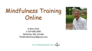 Mindfulness Training
Online
G Ross Clark
1-519-648-2985
Waterloo, ON, Canada
TheMindfulCoach@gmail.com
 