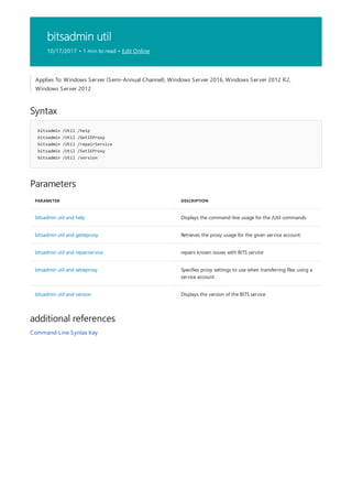 bitsadmin util
10/17/2017 • 1 min to read • Edit Online
Syntax
bitsadmin /Util /help
bitsadmin /Util /GetIEProxy
bitsadmin /Util /repairService
bitsadmin /Util /SetIEProxy
bitsadmin /Util /version
Parameters
PARAMETER DESCRIPTION
bitsadmin util and help Displays the command-line usage for the /Util commands.
bitsadmin util and getieproxy Retrieves the proxy usage for the given service account.
bitsadmin util and repairservice repairs known issues with BITS service
bitsadmin util and setieproxy Specifies proxy settings to use when transferring files using a
service account.
bitsadmin util and version Displays the version of the BITS service
additional references
Applies To: Windows Server (Semi-Annual Channel), Windows Server 2016, Windows Server 2012 R2,
Windows Server 2012
Command-Line Syntax Key
 