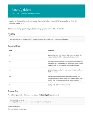 bootcfg delete
10/17/2017 • 1 min to read • Edit Online
Syntax
bootcfg /delete [/s <computer> [/u <Domain><User> /p <Password>]] [/id <OSEntryLineNum>]
Parameters
TERM DEFINITION
/s Specifies the name or IP address of a remote computer (do
not use backslashes). The default is the local computer.
/u  Runs the command with the account permissions of the user
specified by or . The default is the permissions of the current
logged on user on the computer issuing the command.
/p Specifies the password of the user account that is specified in
the /u parameter.
/id Specifies the operating system entry line number in the
[operating systems] section of the Boot.ini file to delete. The
first line after the [operating systems] section header is 1.
/? Displays help at the command prompt.
Examples
bootcfg /delete /id 1
bootcfg /delete /s srvmain /u maindomhiropln /p p@ssW23 /id 3
additional references
Applies To: Windows Server (Semi-Annual Channel), Windows Server 2016, Windows Server 2012 R2,
Windows Server 2012
deletes an operating system entry in the [operating systems] section of the Boot.ini file.
The following examples show how you can use the bootcfg /deletecommand:
Command-Line Syntax Key
 