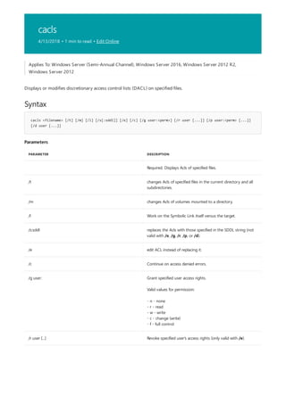 cacls
4/13/2018 • 1 min to read • Edit Online
Syntax
cacls <filename> [/t] [/m] [/l] [/s[:sddl]] [/e] [/c] [/g user:<perm>] [/r user [...]] [/p user:<perm> [...]]
[/d user [...]]
Parameters
PARAMETER DESCRIPTION
Required. Displays Acls of specified files.
/t changes Acls of specified files in the current directory and all
subdirectories.
/m changes Acls of volumes mounted to a directory.
/l Work on the Symbolic Link itself versus the target.
/s:sddl replaces the Acls with those specified in the SDDL string (not
valid with /e, /g, /r, /p, or /d).
/e edit ACL instead of replacing it.
/c Continue on access denied errors.
/g user: Grant specified user access rights.
Valid values for permission:
- n - none
- r - read
- w - write
- c - change (write)
- f - full control
/r user [...] Revoke specified user's access rights (only valid with /e).
Applies To: Windows Server (Semi-Annual Channel), Windows Server 2016, Windows Server 2012 R2,
Windows Server 2012
Displays or modifies discretionary access control lists (DACL) on specified files.
 
