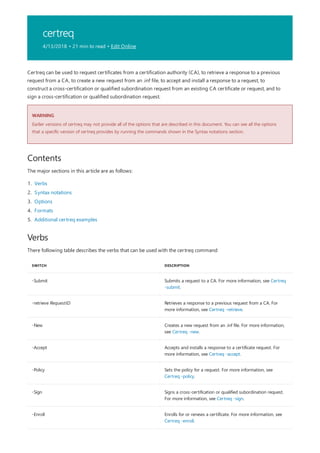 certreq
4/13/2018 • 21 min to read • Edit Online
WARNING
Contents
Verbs
SWITCH DESCRIPTION
-Submit Submits a request to a CA. For more information, see Certreq
-submit.
-retrieve RequestID Retrieves a response to a previous request from a CA. For
more information, see Certreq -retrieve.
-New Creates a new request from an .inf file. For more information,
see Certreq -new.
-Accept Accepts and installs a response to a certificate request. For
more information, see Certreq -accept.
-Policy Sets the policy for a request. For more information, see
Certreq -policy.
-Sign Signs a cross-certification or qualified subordination request.
For more information, see Certreq -sign.
-Enroll Enrolls for or renews a certificate. For more information, see
Certreq -enroll.
Certreq can be used to request certificates from a certification authority (CA), to retrieve a response to a previous
request from a CA, to create a new request from an .inf file, to accept and install a response to a request, to
construct a cross-certification or qualified subordination request from an existing CA certificate or request, and to
sign a cross-certification or qualified subordination request.
Earlier versions of certreq may not provide all of the options that are described in this document. You can see all the options
that a specific version of certreq provides by running the commands shown in the Syntax notations section.
The major sections in this article are as follows:
1. Verbs
2. Syntax notations
3. Options
4. Formats
5. Additional certreq examples
There following table describes the verbs that can be used with the certreq command
 
