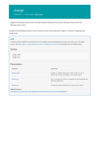 change
10/24/2017 • 1 min to read • Edit Online
NOTE
Syntax
change logon
change port
change user
Parameters
PARAMETER DESCRIPTION
change logon Enables or disables logons from client sessions on an rd
Session Host server, or displays current logon status.
change port lists or changes the COM port mappings to be compatible with
MS-DOS applications.
change user changes the install mode for the rd Session Host server.
additional references
Applies To: Windows Server (Semi-Annual Channel), Windows Server 2016, Windows Server 2012 R2,
Windows Server 2012
changes remote Desktop Session Host (rd Session Host) server settings for logons, COM port mappings, and
install mode.
In Windows Server 2008 R2, Terminal Services was renamed remote Desktop Services. To find out what's new in the latest
version, see What s New in remote Desktop Services in Windows Server 2012 in the Windows Server TechNet Library.
Command-Line Syntax Key remote Desktop Services (Terminal Services) Command Reference
 