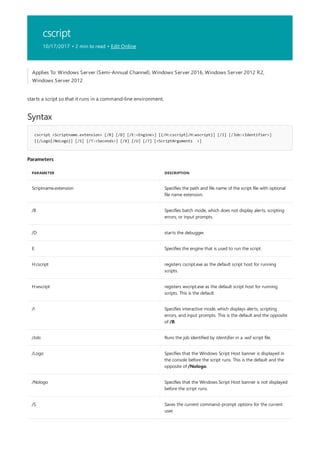 cscript
10/17/2017 • 2 min to read • Edit Online
Syntax
cscript <Scriptname.extension> [/B] [/D] [/E:<Engine>] [{/H:cscript|/H:wscript}] [/I] [/Job:<Identifier>]
[{/Logo|/NoLogo}] [/S] [/T:<Seconds>] [/X] [/U] [/?] [<ScriptArguments >]
Parameters
PARAMETER DESCRIPTION
Scriptname.extension Specifies the path and file name of the script file with optional
file name extension.
/B Specifies batch mode, which does not display alerts, scripting
errors, or input prompts.
/D starts the debugger.
E: Specifies the engine that is used to run the script.
H:cscript registers cscript.exe as the default script host for running
scripts.
H:wscript registers wscript.exe as the default script host for running
scripts. This is the default.
/I Specifies interactive mode, which displays alerts, scripting
errors, and input prompts. This is the default and the opposite
of /B.
/Job: Runs the job identified by Identifier in a .wsf script file.
/Logo Specifies that the Windows Script Host banner is displayed in
the console before the script runs. This is the default and the
opposite of /Nologo.
/Nologo Specifies that the Windows Script Host banner is not displayed
before the script runs.
/S Saves the current command-prompt options for the current
user.
Applies To: Windows Server (Semi-Annual Channel), Windows Server 2016, Windows Server 2012 R2,
Windows Server 2012
starts a script so that it runs in a command-line environment.
 