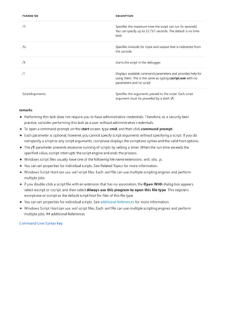 /T: Specifies the maximum time the script can run (in seconds).
You can specify up to 32,767 seconds. The default is no time
limit.
/U Specifies Unicode for input and output that is redirected from
the console.
/X starts the script in the debugger.
/? Displays available command parameters and provides help for
using them. This is the same as typing cscript.exe with no
parameters and no script.
ScriptArguments Specifies the arguments passed to the script. Each script
argument must be preceded by a slash (/).
PARAMETER DESCRIPTION
remarks
Performing this task does not require you to have administrative credentials. Therefore, as a security best
practice, consider performing this task as a user without administrative credentials.
To open a command prompt, on the start screen, type cmd, and then click command prompt.
Each parameter is optional; however, you cannot specify script arguments without specifying a script. If you do
not specify a script or any script arguments, cscript.exe displays the cscript.exe syntax and the valid host options.
The /T parameter prevents excessive running of scripts by setting a timer. When the run time exceeds the
specified value, cscript interrupts the script engine and ends the process.
Windows script files usually have one of the following file name extensions: .wsf, .vbs, .js.
You can set properties for individual scripts. See Related Topics for more information.
Windows Script Host can use .wsf script files. Each .wsf file can use multiple scripting engines and perform
multiple jobs.
if you double-click a script file with an extension that has no association, the Open With dialog box appears.
select wscript or cscript, and then select Always use this program to open this file type. This registers
wscript.exe or cscript as the default script host for files of this file type.
You can set properties for individual scripts. See additional References for more information.
Windows Script Host can use .wsf script files. Each .wsf file can use multiple scripting engines and perform
multiple jobs. ## additional References
Command-Line Syntax Key
 
