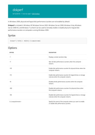 diskperf
4/13/2018 • 1 min to read • Edit Online
Syntax
diskperf [-Y[D|V] | -N[D|V]] [computername]
Options
OPTION DESCRIPTION
-? Displays context sensitive help.
-Y Start all disk performance counters when the computer
restarts.
-YD Enable disk performance counters for physical drives when the
computer restarts.
-YV Enable disk performance counters for logical drives or storage
volumes when the computer restarts.
-N Disable all disk performance counters when the computer
restarts.
-ND Disable disk performance counters for physical drives when
the computer restarts.
-NV Disable disk performance counters for logical drives or storage
volumes when the computer restarts.
<computername> Specify the name of the computer where you want to enable
or disable disk performance counters.
In Windows 2000, physical and logical disk performance counters are not enabled by default.
Diskperf is included in Windows XP, Windows Server 2003, Windows Server 2008, Windows Vista, Windows
Server 2008 R2, and Windows 7 so that it can be used to remotely enable or disable physical or logical disk
performance counters on computers running Windows 2000.
 