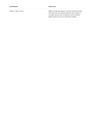 Wbadmin delete catalog Deletes the backup catalog on the local computer. Use this
command only if the backup catalog on this computer is
corrupted and you have no backups stored at another
location that you can use to restore the catalog.
SUBCOMMAND DESCRIPTION
 