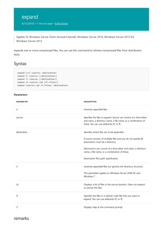 expand
4/13/2018 • 1 min to read • Edit Online
Syntax
expand [/r] <source> <destination>
expand /r <source> [<destination>]
expand /i <source> [<destination>]
expand /d <source>.cab [/f:<files>]
expand <source>.cab /f:<files> <destination>
Parameters
PARAMETER DESCRIPTION
/r renames expanded files.
source Specifies the files to expand. Source can consist of a drive letter
and colon, a directory name, a file name, or a combination of
these. You can use wildcards (* or ?).
destination Specifies where files are to be expanded.
if source consists of multiple files and you do not specify /r,
destination must be a directory.
Destination can consist of a drive letter and colon, a directory
name, a file name, or a combination of these.
Destination file | path specification.
/i renames expanded files but ignores the directory structure.
This parameter applies to: Windows Server 2008 R2 and
Windows 7 .
/d Displays a list of files in the source location. Does not expand
or extract the files.
/f: Specifies the files in a cabinet (.cab) file that you want to
expand. You can use wildcards (* or ?).
/? Displays help at the command prompt.
remarks
Applies To: Windows Server (Semi-Annual Channel), Windows Server 2016, Windows Server 2012 R2,
Windows Server 2012
expands one or more compressed files. You can use this command to retrieve compressed files from distribution
disks.
 