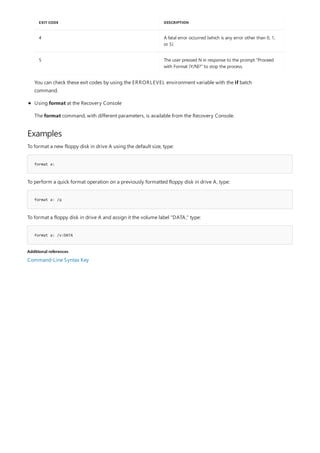 Examples
format a:
format a: /q
format a: /v:DATA
Additional references
4 A fatal error occurred (which is any error other than 0, 1,
or 5).
5 The user pressed N in response to the prompt "Proceed
with Format (Y/N)?" to stop the process.
EXIT CODE DESCRIPTION
You can check these exit codes by using the ERRORLEVEL environment variable with the if batch
command.
Using format at the Recovery Console
The format command, with different parameters, is available from the Recovery Console.
To format a new floppy disk in drive A using the default size, type:
To perform a quick format operation on a previously formatted floppy disk in drive A, type:
To format a floppy disk in drive A and assign it the volume label "DATA," type:
Command-Line Syntax Key
 