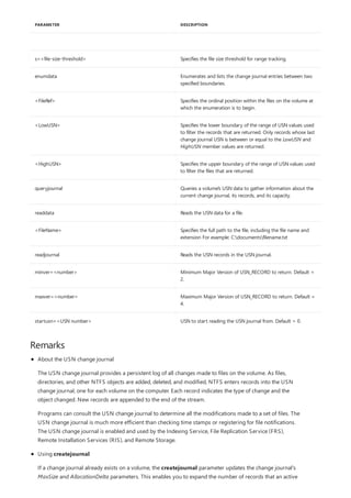 s=<file-size-threshold> Specifies the file size threshold for range tracking.
enumdata Enumerates and lists the change journal entries between two
specified boundaries.
<FileRef> Specifies the ordinal position within the files on the volume at
which the enumeration is to begin.
<LowUSN> Specifies the lower boundary of the range of USN values used
to filter the records that are returned. Only records whose last
change journal USN is between or equal to the LowUSN and
HighUSN member values are returned.
<HighUSN> Specifies the upper boundary of the range of USN values used
to filter the files that are returned.
queryjournal Queries a volume's USN data to gather information about the
current change journal, its records, and its capacity.
readdata Reads the USN data for a file.
<FileName> Specifies the full path to the file, including the file name and
extension For example: C:documentsfilename.txt
readjournal Reads the USN records in the USN journal.
minver=<number> Minimum Major Version of USN_RECORD to return. Default =
2.
maxver=<number> Maximum Major Version of USN_RECORD to return. Default =
4.
startusn=<USN number> USN to start reading the USN journal from. Default = 0.
PARAMETER DESCRIPTION
Remarks
About the USN change journal
The USN change journal provides a persistent log of all changes made to files on the volume. As files,
directories, and other NTFS objects are added, deleted, and modified, NTFS enters records into the USN
change journal, one for each volume on the computer. Each record indicates the type of change and the
object changed. New records are appended to the end of the stream.
Programs can consult the USN change journal to determine all the modifications made to a set of files. The
USN change journal is much more efficient than checking time stamps or registering for file notifications.
The USN change journal is enabled and used by the Indexing Service, File Replication Service (FRS),
Remote Installation Services (RIS), and Remote Storage.
Using createjournal
If a change journal already exists on a volume, the createjournal parameter updates the change journal's
MaxSize and AllocationDelta parameters. This enables you to expand the number of records that an active
 