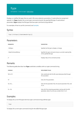 ftype
4/13/2018 • 1 min to read • Edit Online
Syntax
ftype [<FileType>[=[<OpenCommandString>]]]
Parameters
PARAMETER DESCRIPTION
<FileType> Specifies the file type to display or change.
<OpenCommandString> Specifies the open command string to use when opening files
of the specified file type.
/? Displays help at the command prompt.
Remarks
VARIABLE REPLACEMENT VALUE
%0 or %1 Gets substituted with the file name being launched through
the association.
%* Gets all of the parameters.
%2, %3, ... Gets the first parameter (%2), the second parameter (%3), and
so on.
%~<N> Gets all of the remaining parameters starting with the Nth
parameter, where N can be any number from 2 to 9.
Examples
ftype
Displays or modifies file types that are used in file name extension associations. If used without an assignment
operator (=), ftype displays the current open command string for the specified file type. If used without
parameters, ftype displays the file types that have open command strings defined.
For examples of how to use this command, see Examples.
The following table describes how ftype substitutes variables within an open command string:
To display the current file types that have open command strings defined, type:
To display the current open command string for the txtfile file type, type:
 