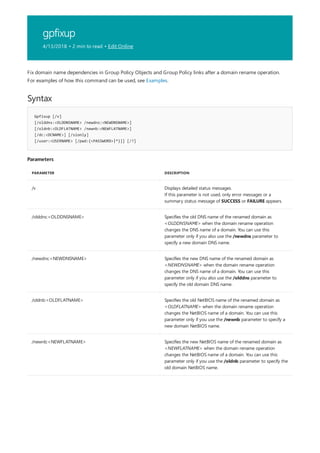 gpfixup
4/13/2018 • 2 min to read • Edit Online
Syntax
Gpfixup [/v]
[/olddns:<OLDDNSNAME> /newdns:<NEWDNSNAME>]
[/oldnb:<OLDFLATNAME> /newnb:<NEWFLATNAME>]
[/dc:<DCNAME>] [/sionly]
[/user:<USERNAME> [/pwd:{<PASSWORD>|*}]] [/?]
Parameters
PARAMETER DESCRIPTION
/v Displays detailed status messages.
If this parameter is not used, only error messages or a
summary status message of SUCCESS or FAILURE appears.
/olddns:<OLDDNSNAME> Specifies the old DNS name of the renamed domain as
<OLDDNSNAME> when the domain rename operation
changes the DNS name of a domain. You can use this
parameter only if you also use the /newdns parameter to
specify a new domain DNS name.
/newdns:<NEWDNSNAME> Specifies the new DNS name of the renamed domain as
<NEWDNSNAME> when the domain rename operation
changes the DNS name of a domain. You can use this
parameter only if you also use the /olddns parameter to
specify the old domain DNS name.
/oldnb:<OLDFLATNAME> Specifies the old NetBIOS name of the renamed domain as
<OLDFLATNAME> when the domain rename operation
changes the NetBIOS name of a domain. You can use this
parameter only if you use the /newnb parameter to specify a
new domain NetBIOS name.
/newnb:<NEWFLATNAME> Specifies the new NetBIOS name of the renamed domain as
<NEWFLATNAME> when the domain rename operation
changes the NetBIOS name of a domain. You can use this
parameter only if you use the /oldnb parameter to specify the
old domain NetBIOS name.
Fix domain name dependencies in Group Policy Objects and Group Policy links after a domain rename operation.
For examples of how this command can be used, see Examples.
 