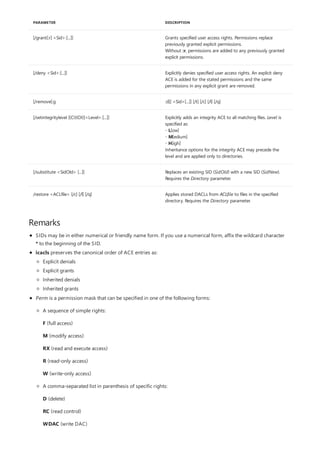 [/grant[:r] <Sid>:[...]] Grants specified user access rights. Permissions replace
previously granted explicit permissions.
Without :r, permissions are added to any previously granted
explicit permissions.
[/deny <Sid>:[...]] Explicitly denies specified user access rights. An explicit deny
ACE is added for the stated permissions and the same
permissions in any explicit grant are removed.
[/remove[:g :d]] <Sid>[...]] [/t] [/c] [/l] [/q]
[/setintegritylevel [(CI)(OI)]<Level>:[...]] Explicitly adds an integrity ACE to all matching files. Level is
specified as:
- L[ow]
- M[edium]
- H[igh]
Inheritance options for the integrity ACE may precede the
level and are applied only to directories.
[/substitute <SidOld> [...]] Replaces an existing SID (SidOld) with a new SID (SidNew).
Requires the Directory parameter.
/restore <ACLfile> [/c] [/l] [/q] Applies stored DACLs from ACLfile to files in the specified
directory. Requires the Directory parameter.
PARAMETER DESCRIPTION
Remarks
SIDs may be in either numerical or friendly name form. If you use a numerical form, affix the wildcard character
* to the beginning of the SID.
icacls preserves the canonical order of ACE entries as:
Explicit denials
Explicit grants
Inherited denials
Inherited grants
Perm is a permission mask that can be specified in one of the following forms:
A sequence of simple rights:
F (full access)
M (modify access)
RX (read and execute access)
R (read-only access)
W (write-only access)
A comma-separated list in parenthesis of specific rights:
D (delete)
RC (read control)
WDAC (write DAC)
 