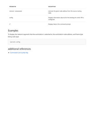 remove= xxxxxxxxxxxx removes the given node address from the source routing
table.
config Displays information about all of the bindings for which IPX is
configured.
/? Displays help at the command prompt.
PARAMETER DESCRIPTION
Examples
ipxroute config
additional references
To display the network segments that the workstation is attached to, the workstation node address, and frame type
being used, type:
Command-Line Syntax Key
 