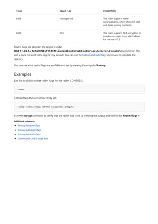 0x08 NcSupported This realm supports name
canonicalization, which allows for DNS
and Realm naming standards.
0x80 RC4 This realm supports RC4 encryption to
enable cross-realm trust, which allows
for the use of TLS.
VALUE REALM FLAG DESCRIPTION
Examples
ksetup
ksetup /setrealmflags CONTOSO ncsupported delegate
Additional references
Realm flags are stored in the registry under
HKEY_LOCAL_MACHINESYSTEMCurrentControlSetControlLsaKerberosDomainsRealmName. This
entry does not exist in the registry by default. You can use the Ksetup:addrealmflags command to populate the
registry.
You can see what realm flags are available and set by viewing the output of ksetup.
List the available and set realm flags for the realm CONTOSO:
Set two flags that are not currently set:
Run the ksetup command to verify that the realm flag is set by viewing the output and looking for Realm flags =.
Ksetup:listrealmflags
Ksetup:addrealmflags
Ksetup:delrealmflags
Command-Line Syntax Key
 