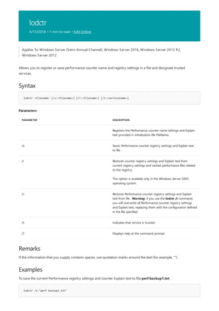 lodctr
4/13/2018 • 1 min to read • Edit Online
Syntax
lodctr <filename> [/s:<filename>] [/r:<filename>] [/t:<servicename>]
Parameters
PARAMETER DESCRIPTION
Registers the Performance counter name settings and Explain
text provided in initialization file FileName.
/s: Saves Performance counter registry settings and Explain text
to file .
/r Restores counter registry settings and Explain text from
current registry settings and cached performance files related
to the registry.
This option is available only in the Windows Server 2003
operating system.
/r: Restores Performance counter registry settings and Explain
text from file . Warning: if you use the lodctr /r command,
you will overwrite all Performance counter registry settings
and Explain text, replacing them with the configuration defined
in the file specified.
/t: Indicates that service is trusted.
/? Displays help at the command prompt.
Remarks
Examples
lodctr /s:"perf backup1.txt"
Applies To: Windows Server (Semi-Annual Channel), Windows Server 2016, Windows Server 2012 R2,
Windows Server 2012
Allows you to register or save performance counter name and registry settings in a file and designate trusted
services.
If the information that you supply contains spaces, use quotation marks around the text (for example, "").
To save the current Performance registry settings and counter Explain text to file perf backup1.txt:
 