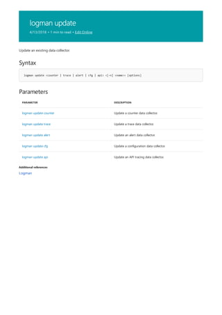 logman update
4/13/2018 • 1 min to read • Edit Online
Syntax
logman update <counter | trace | alert | cfg | api> <[-n] <name>> [options]
Parameters
PARAMETER DESCRIPTION
logman update counter Update a counter data collector.
logman update trace Update a trace data collector.
logman update alert Update an alert data collector.
logman update cfg Update a configuration data collector.
logman update api Update an API tracing data collector.
Additional references
Update an existing data collector.
Logman
 