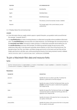 remarks
To join a Macintosh file's data and resource forks
Syntax
macfile forkize[/server:<computerName>] [/creator:<CreatorName>] [/type:<typeName>] [/datafork:<Filepath>]
[/resourcefork:<Filepath>] /targetfile:<Filepath>
Parameters
PARAMETER DESCRIPTION
/server: Specifies the server on which to join files. If omitted, the
operation is performed on the local computer.
/creator: Specifies the creator of the file. The Macintosh finder uses the
/creator command-line option to determine the application
that created the file.
/type: Specifies the type of file. The Macintosh finder uses the /type
command-line option to determine the file type within the
application that created the file.
/datafork: Specifies the location of the data fork that is to be joined. You
can specify a remote path.
/resourcefork: Specifies the location of the resource fork that is to be joined.
You can specify a remote path.
Seventh WorldSeeFiles
Eighth WorldSeeFolders
Ninth WorldMakechanges
Tenth The directory cannot be renamed, moved, or deleted.
Eleventh The changes apply to the current directory and all
subdirectories.
POSITION SETS PERMISSION FOR
/? Displays help at the command prompt.
if the information that you supply contains spaces or special characters, use quotation marks around the text
(for example, "computer Name").
Use macfiledirectory to make an existing directory in a Macintosh-accessible volume available to Macintosh
users. The macfiledirectory command does not create directories. Use File Manager, the command prompt, or
the macintosh new folder command to create a directory in a Macintosh-accessible volume before you use
the macfile directory command. ### Examples The following example changes the permissions of the
subdirectory May sales, in the Macintosh-accessible volume Statistics, on the E drive of the local server. The
example assigns See Files, See Folders, and Make changes permissions to the owner and See Files and See
Folders permissions to all other users, while preventing the directory from being renamed, moved, or deleted.
macfile directory /path:"e:statisticsmay sales" /permissions:11111011000
 