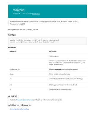 makecab
4/13/2018 • 1 min to read • Edit Online
Syntax
makecab [/v[n]] [/d var=<value> ...] [/l <dir>] <source> [<destination>]
makecab [/v[<n>]] [/d var=<value> ...] /f <directives_file> [...]
Parameters
PARAMETER DESCRIPTION
File to compress.
File name to give compressed file. If omitted, the last character
of the source file name is replaced with an underscore (_) and
used as the destination.
/f <directives_file> A file with makecab directives (may be repeated).
/d var= Defines variable with specified value.
/l Location to place destination (default is current directory).
/v[] Set debugging verbosity level (0=none,...,3=full).
/? Displays help at the command prompt.
remarks
additional references
Applies To: Windows Server (Semi-Annual Channel), Windows Server 2016, Windows Server 2012 R2,
Windows Server 2012
Package existing files into a cabinet (.cab) file.
Refer to Microsoft Cabinet format on MSDN for information on directive_file.
Command-Line Syntax Key
 